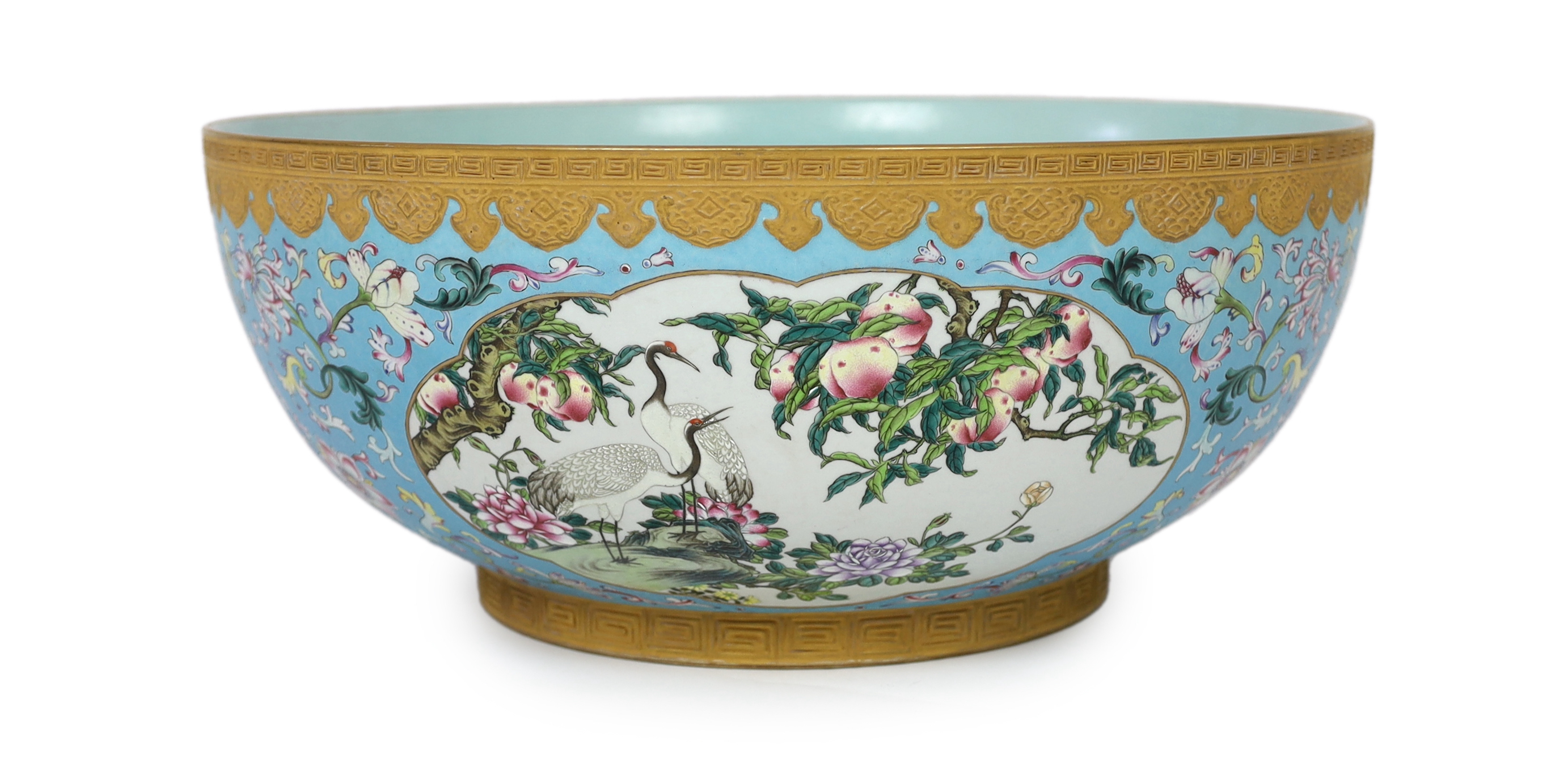 A large Chinese enamelled porcelain fish or punch bowl, Qianlong mark but modern, gilding worn